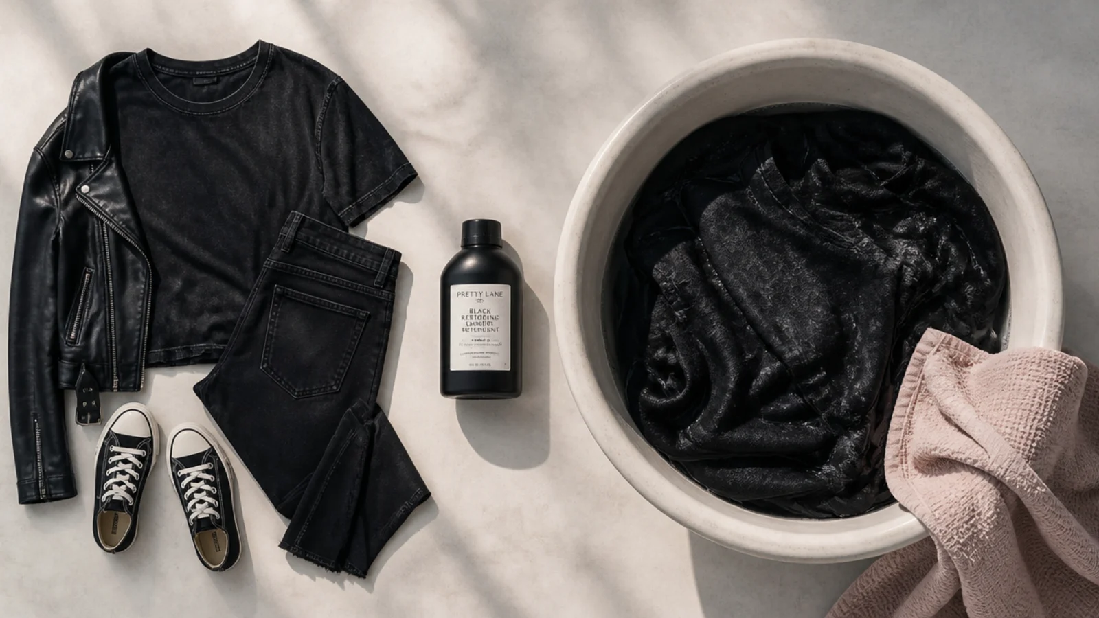 Faceless flat-lay of black garments washed inside out beside a bottle of black-restoring detergent