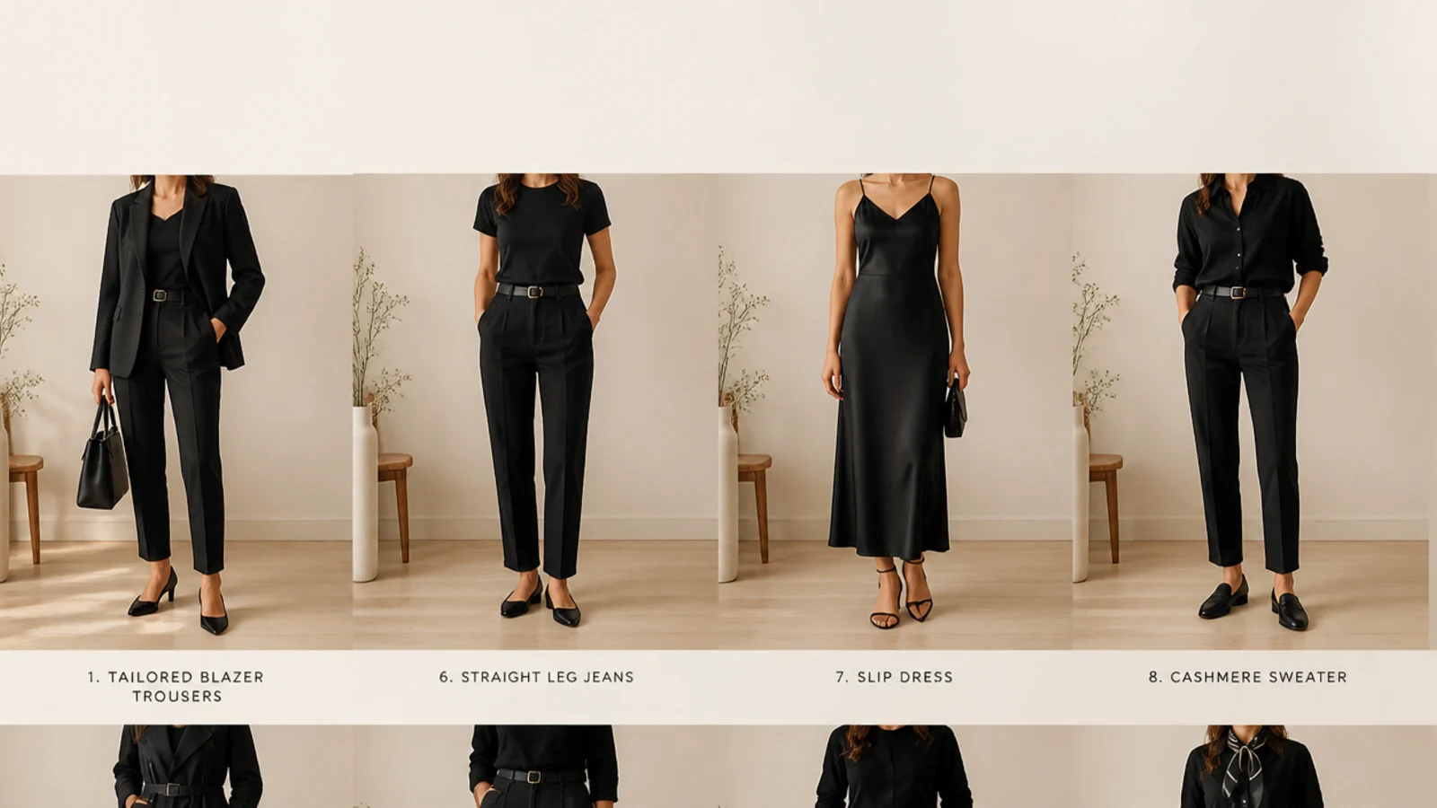 Faceless flat-lay of twelve black wardrobe staples compared, from a tailored blazer to leather ankle boots