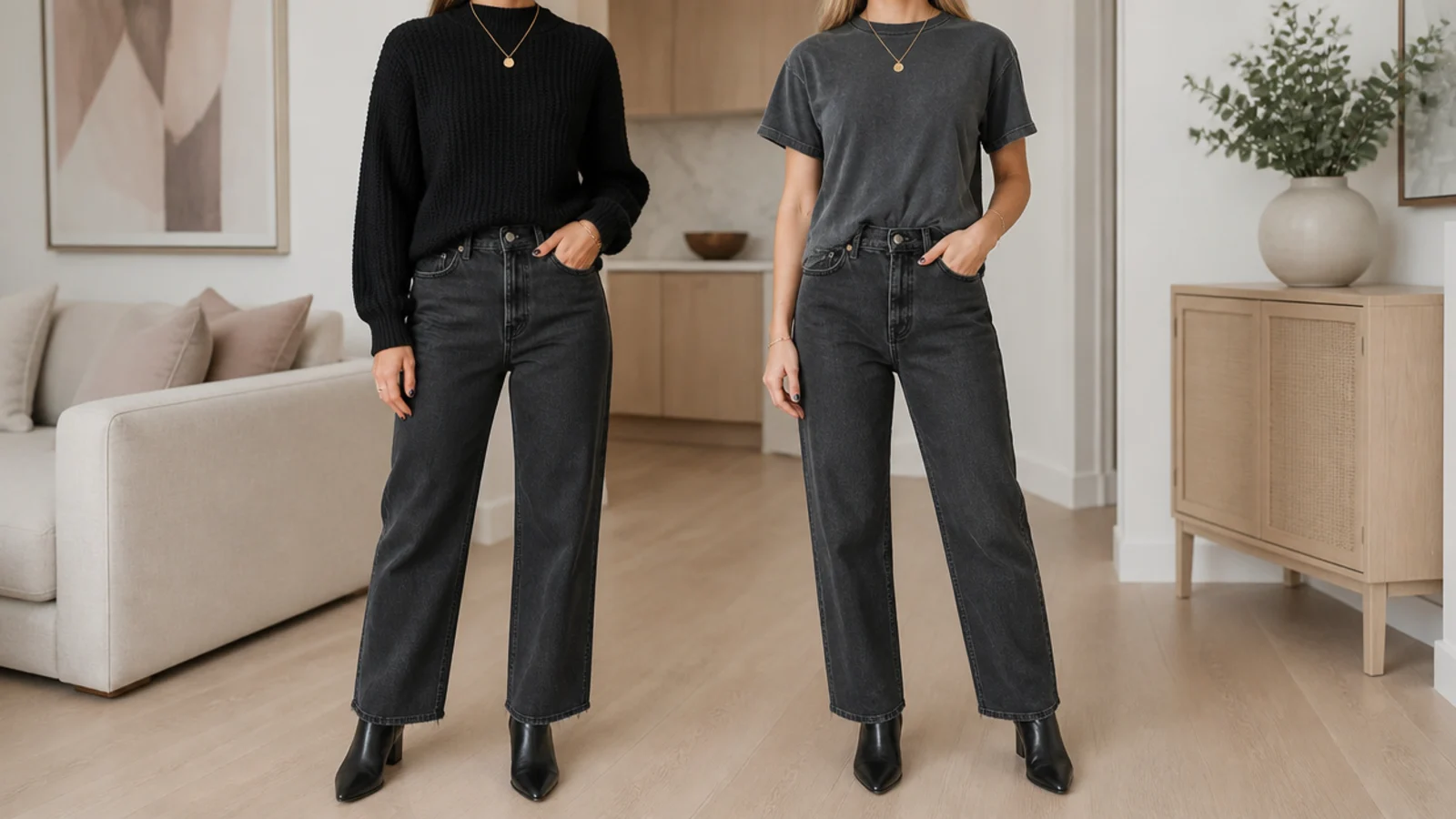 Faceless comparison of a jet-black knit beside a faded gray-black tee showing a mismatch