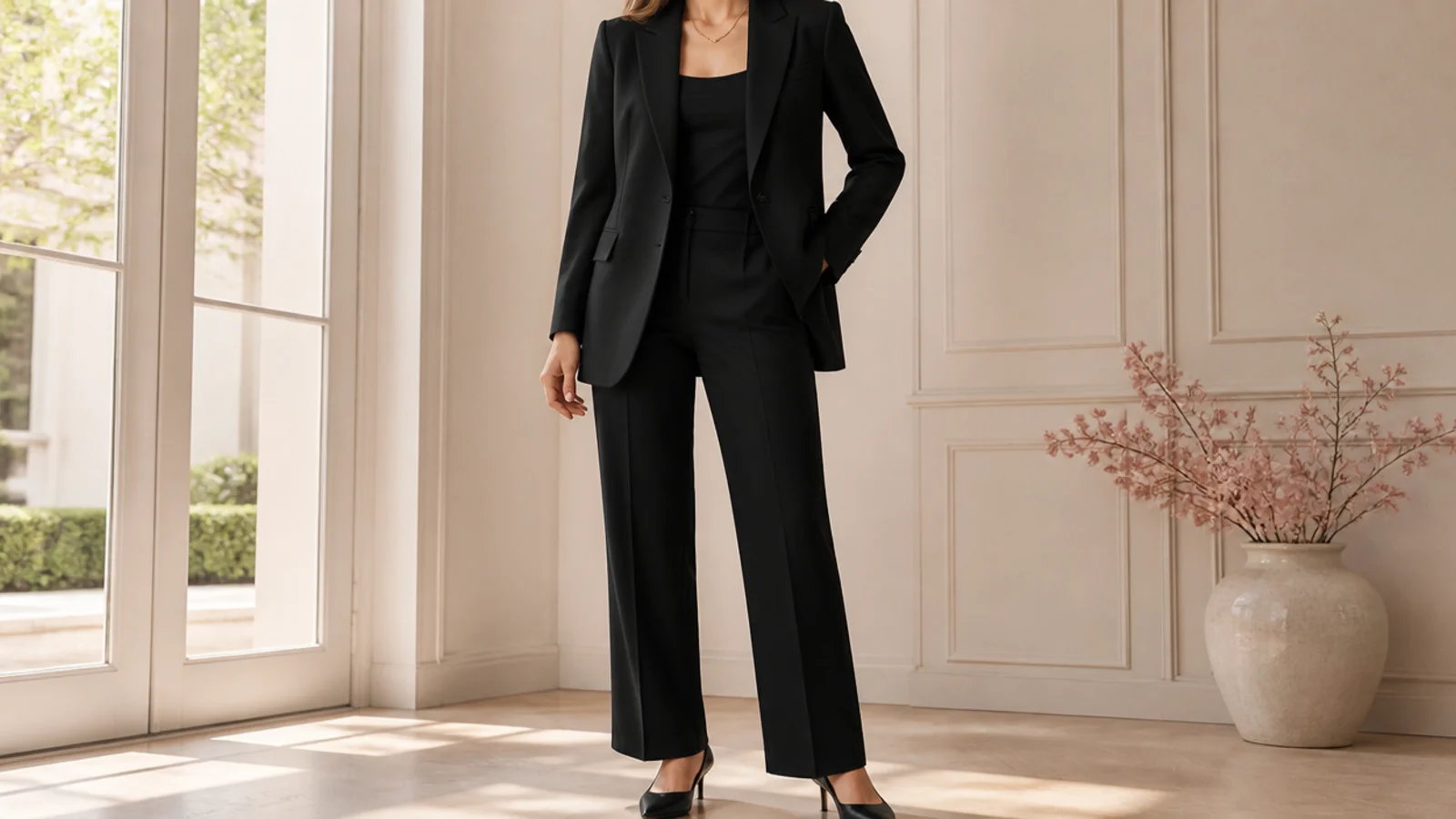 Faceless full-length shot of a black tailored pantsuit with a matching blazer and black pointed pumps