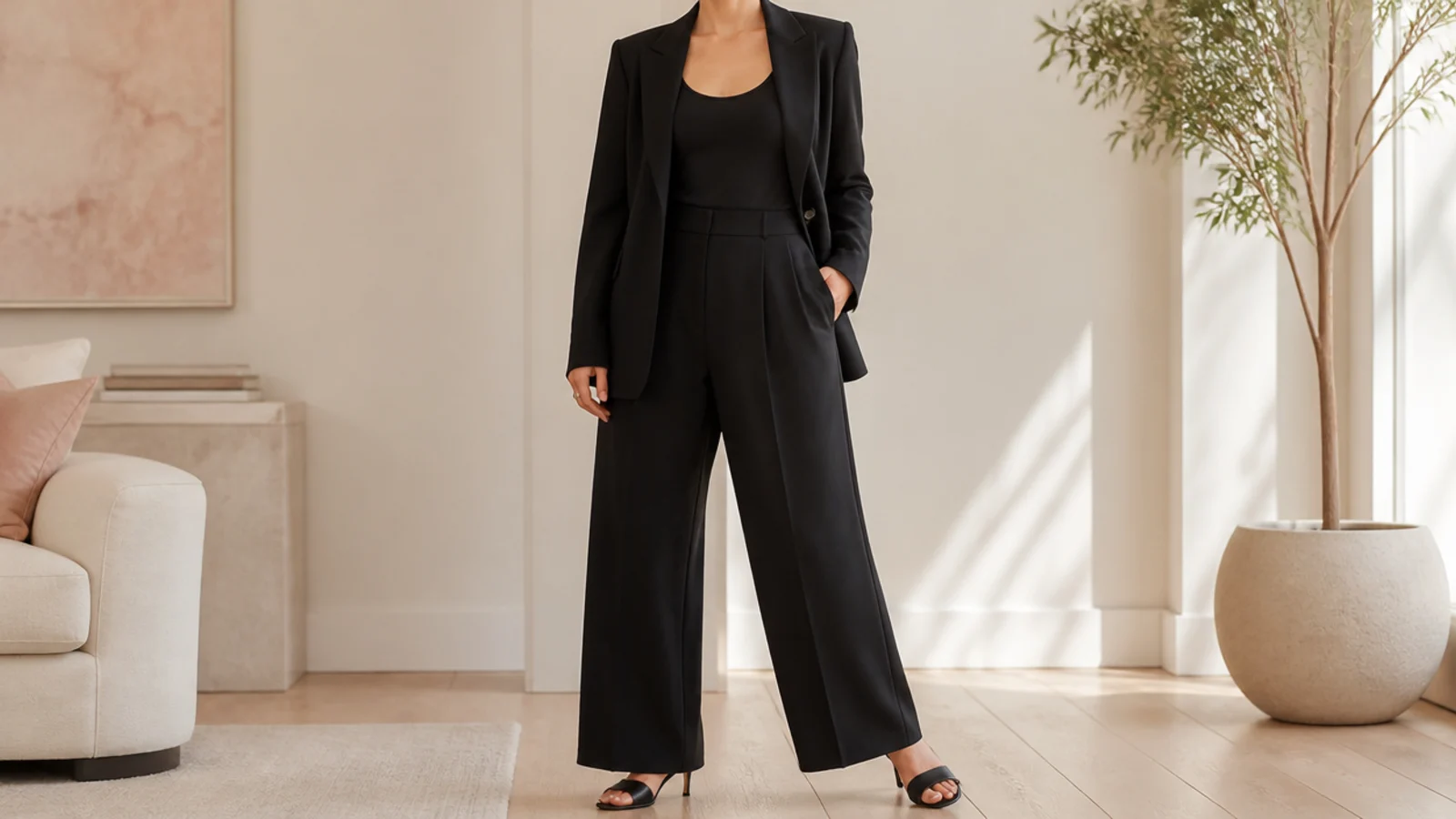 Faceless full-length shot of a black wide-leg trouser suit with a fitted black shell and heeled mules