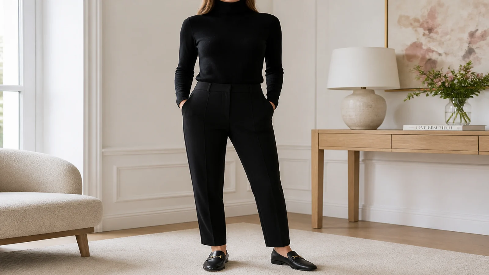 Faceless waist-up shot of a fine-gauge black turtleneck tucked into black ponte trousers with loafers