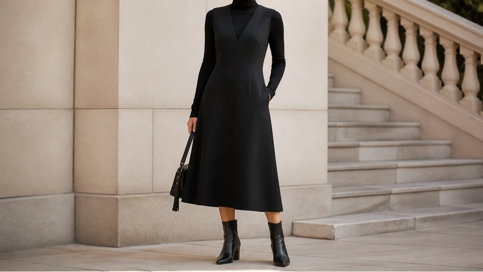 Faceless full-length shot of a sleeveless black midi dress layered over a black fine-knit turtleneck with boots