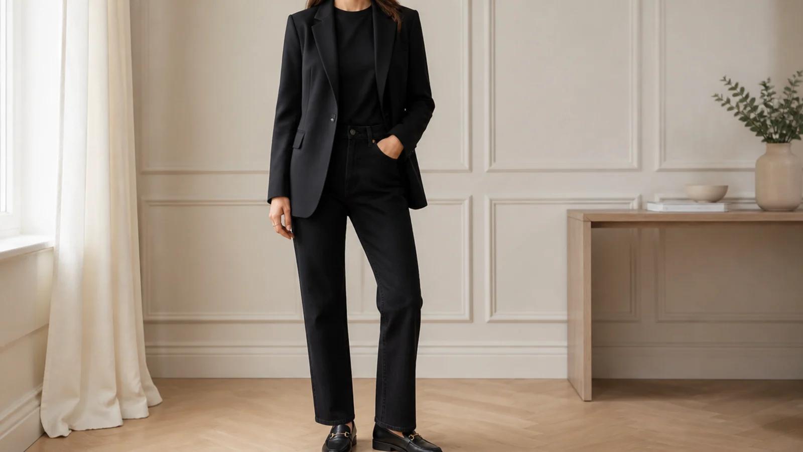 Faceless full-length shot of a structured black blazer over a black tee with black straight-leg jeans and loafers