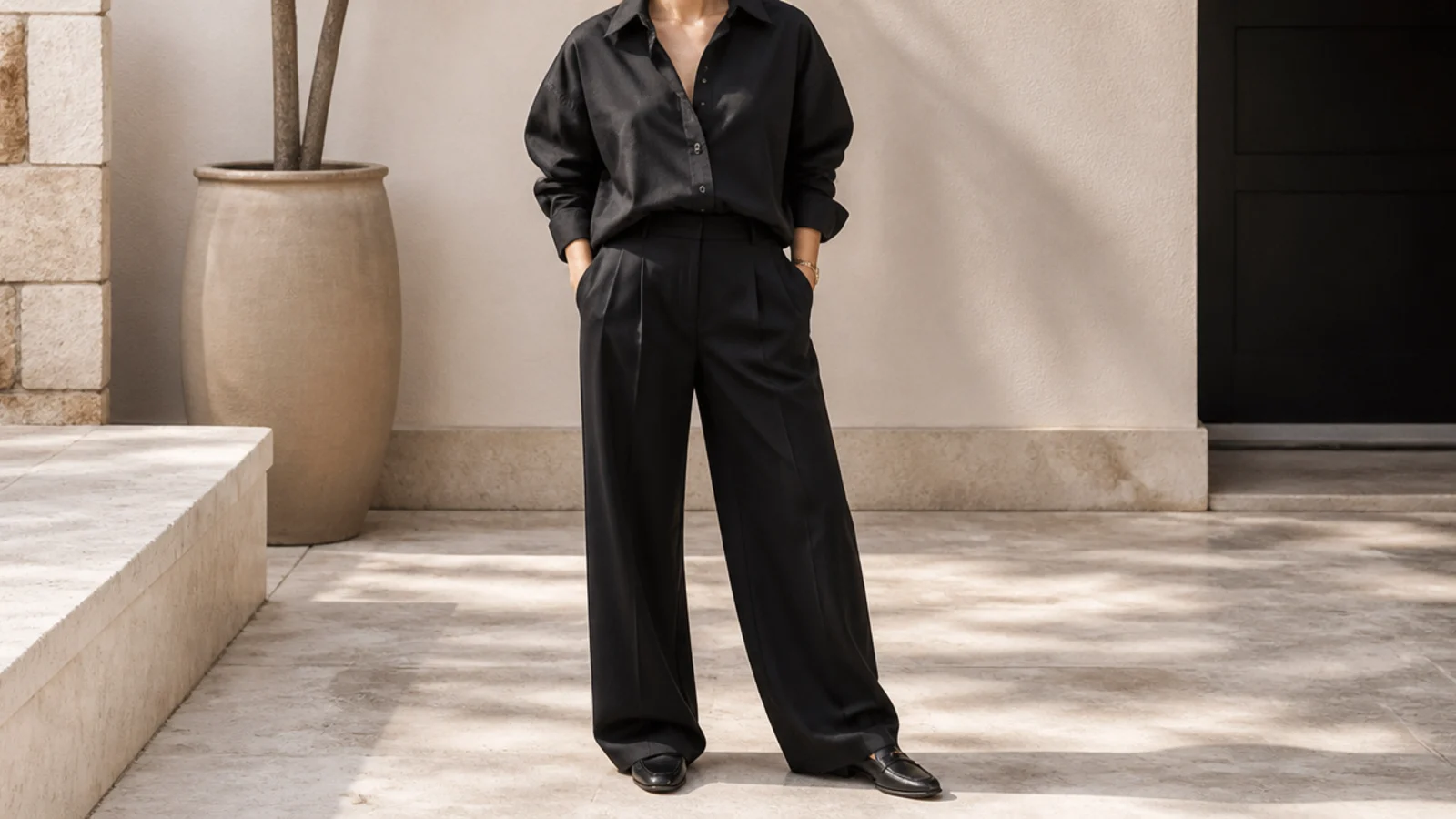 Faceless full-length shot of a black oversized poplin shirt half-tucked into black wide-leg trousers with loafers