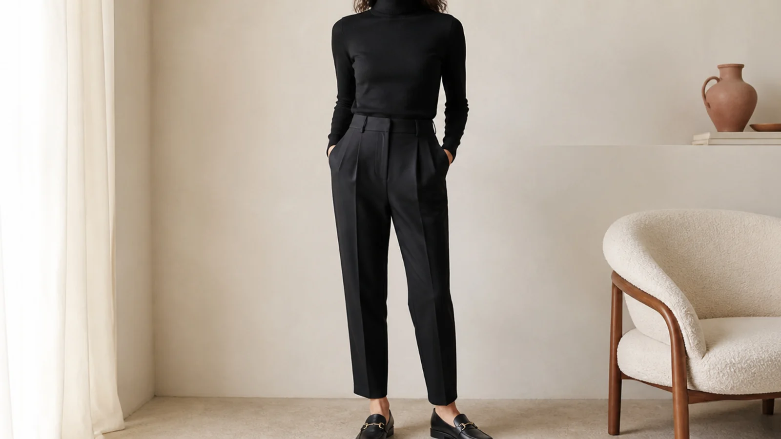 Faceless full-length shot of a black turtleneck tucked into black pleated tapered trousers with loafers
