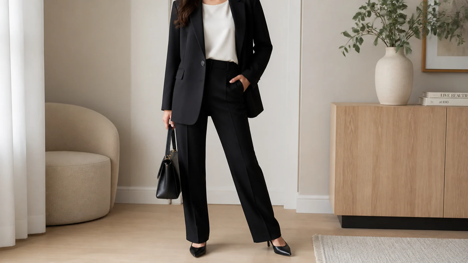 Faceless waist-up shot of a black blazer over a white shell with black tailored trousers for an interview