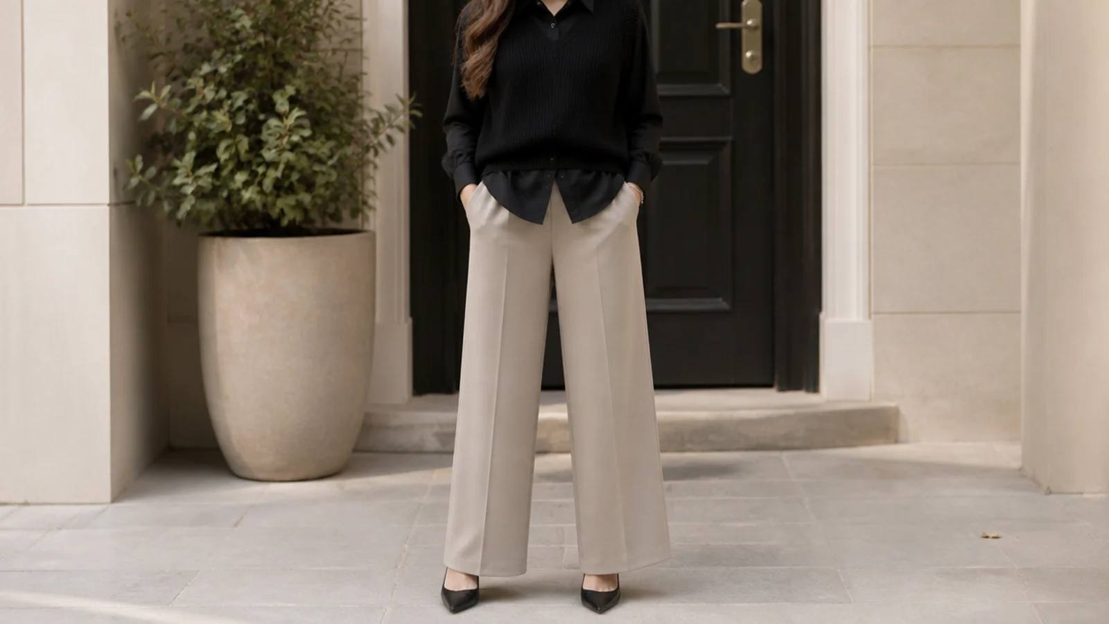 Faceless waist-up shot of a black sweater vest over a black button-down with tailored trousers