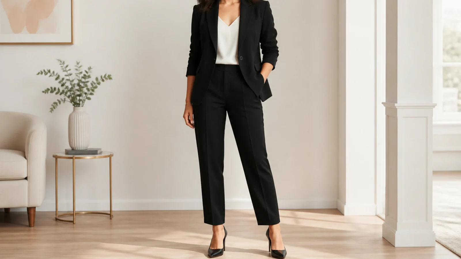 Faceless waist-up shot of an interview-ready black blazer over a white shell with tailored black trousers