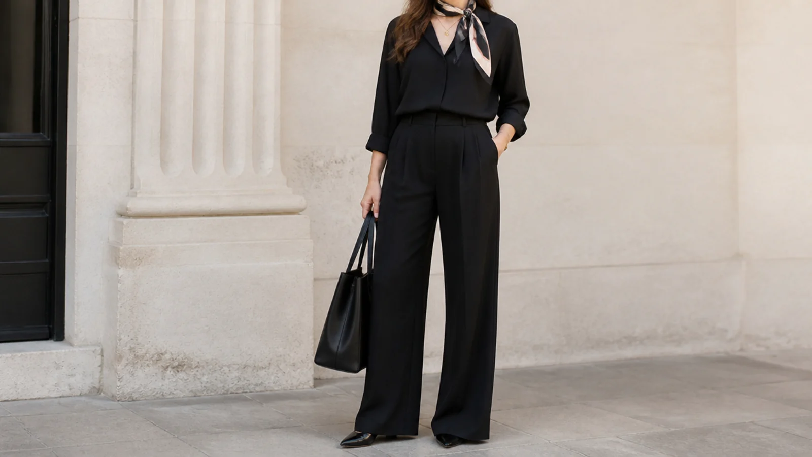 Faceless waist-up shot of an all-black work outfit lifted with a silk scarf and a fine gold necklace