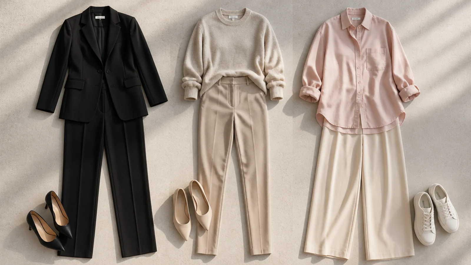 Faceless flat-lay comparing a black pantsuit, ponte trousers with a knit, and wide-leg trousers with an oversized shirt