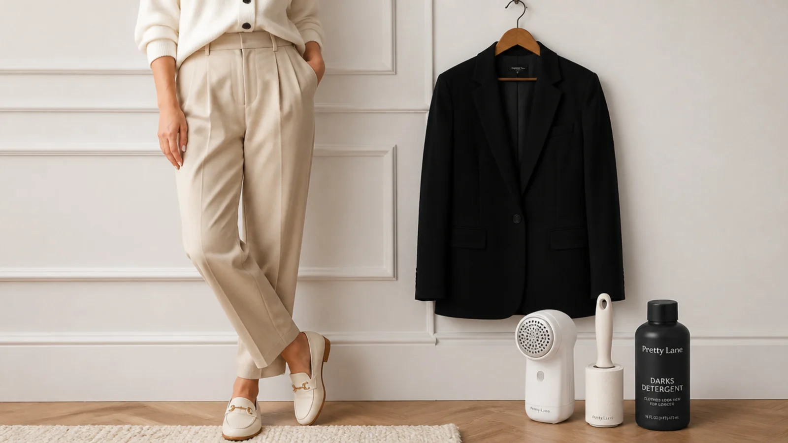 Faceless flat-lay of a fabric shaver, lint roller and dark-clothes detergent beside a black blazer