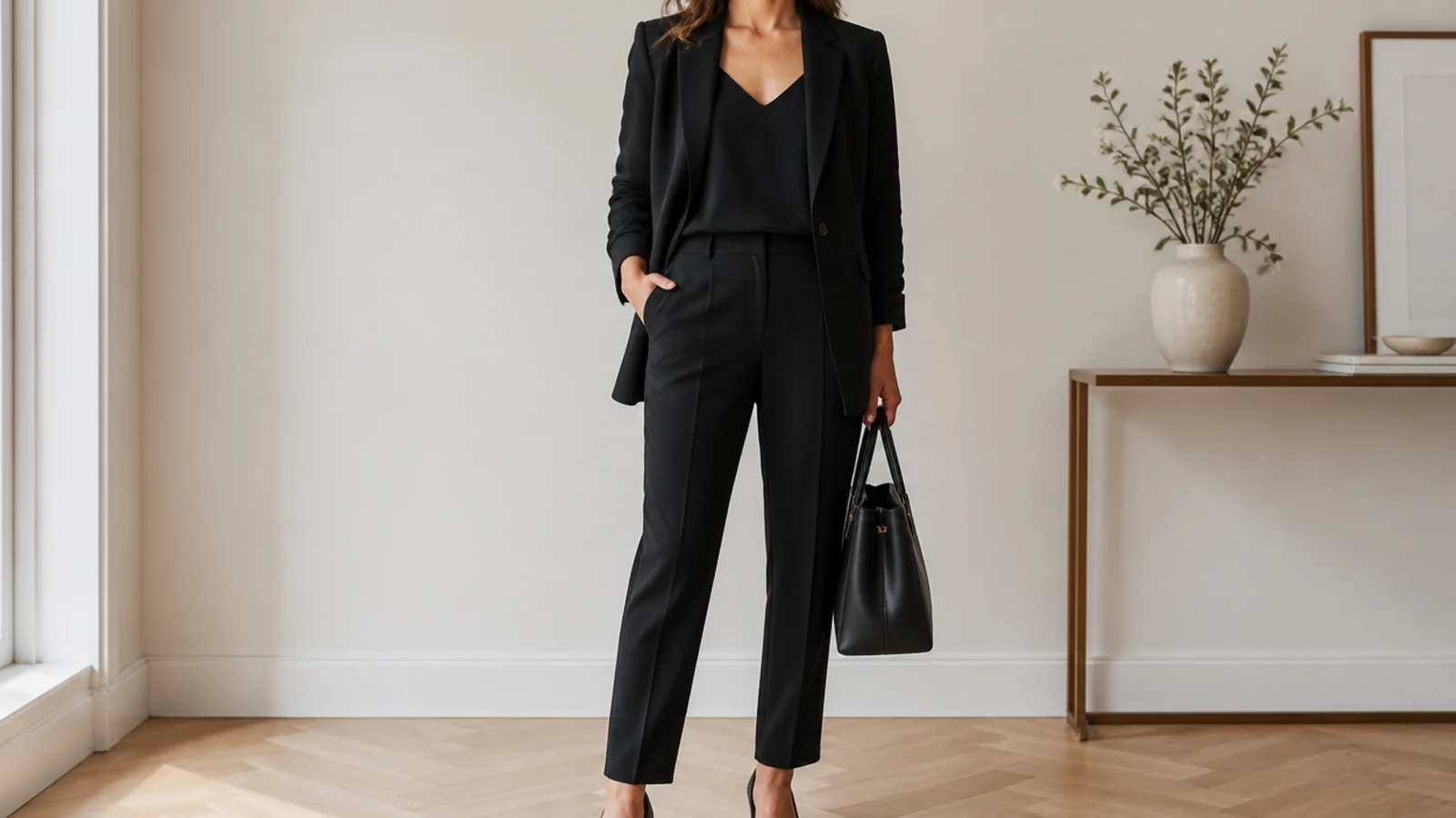 Faceless all-black work outfit with a black blazer, black shell and black tailored trousers