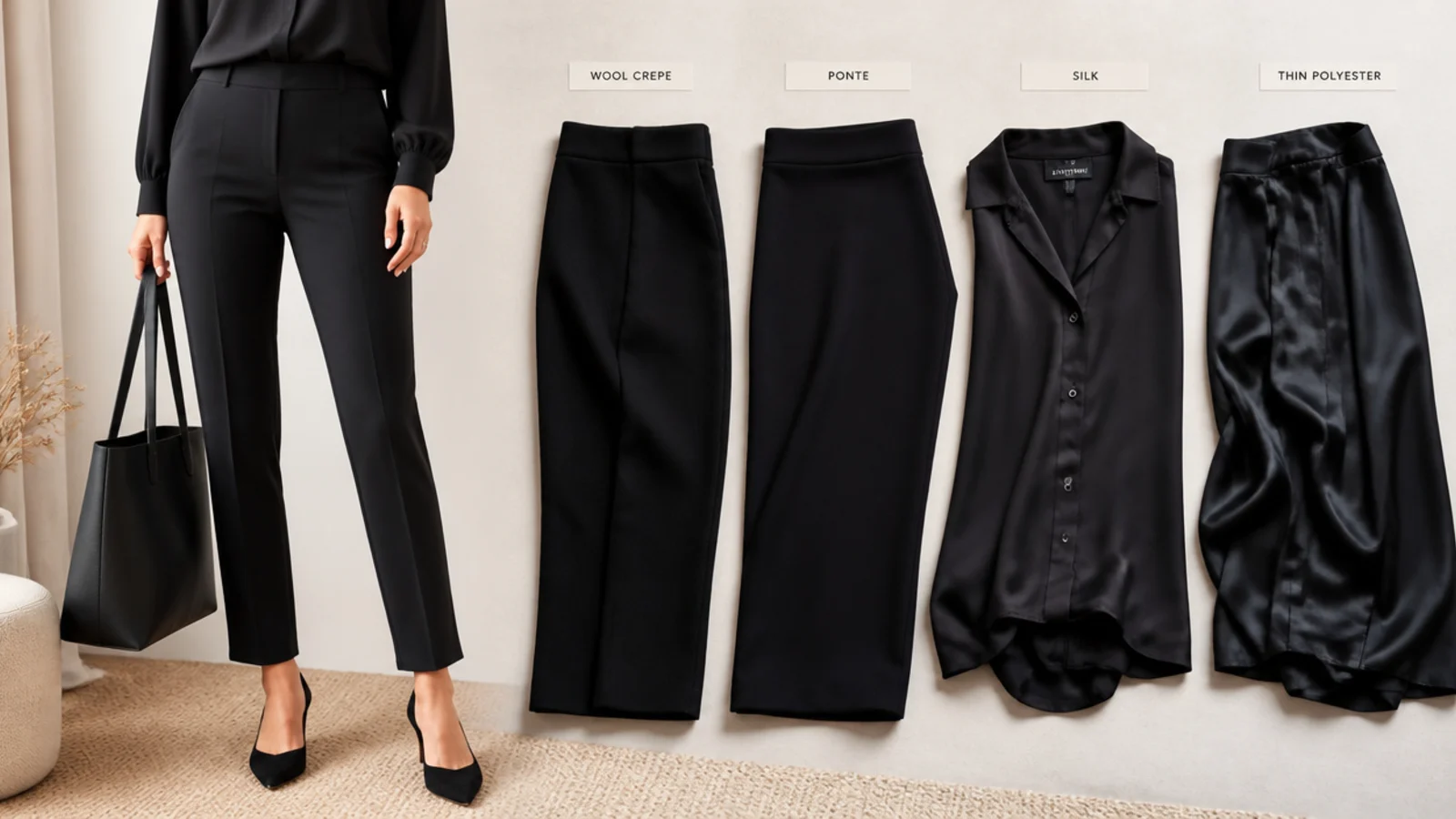 Faceless flat-lay comparing matte wool crepe, ponte, silk and shiny thin polyester in black