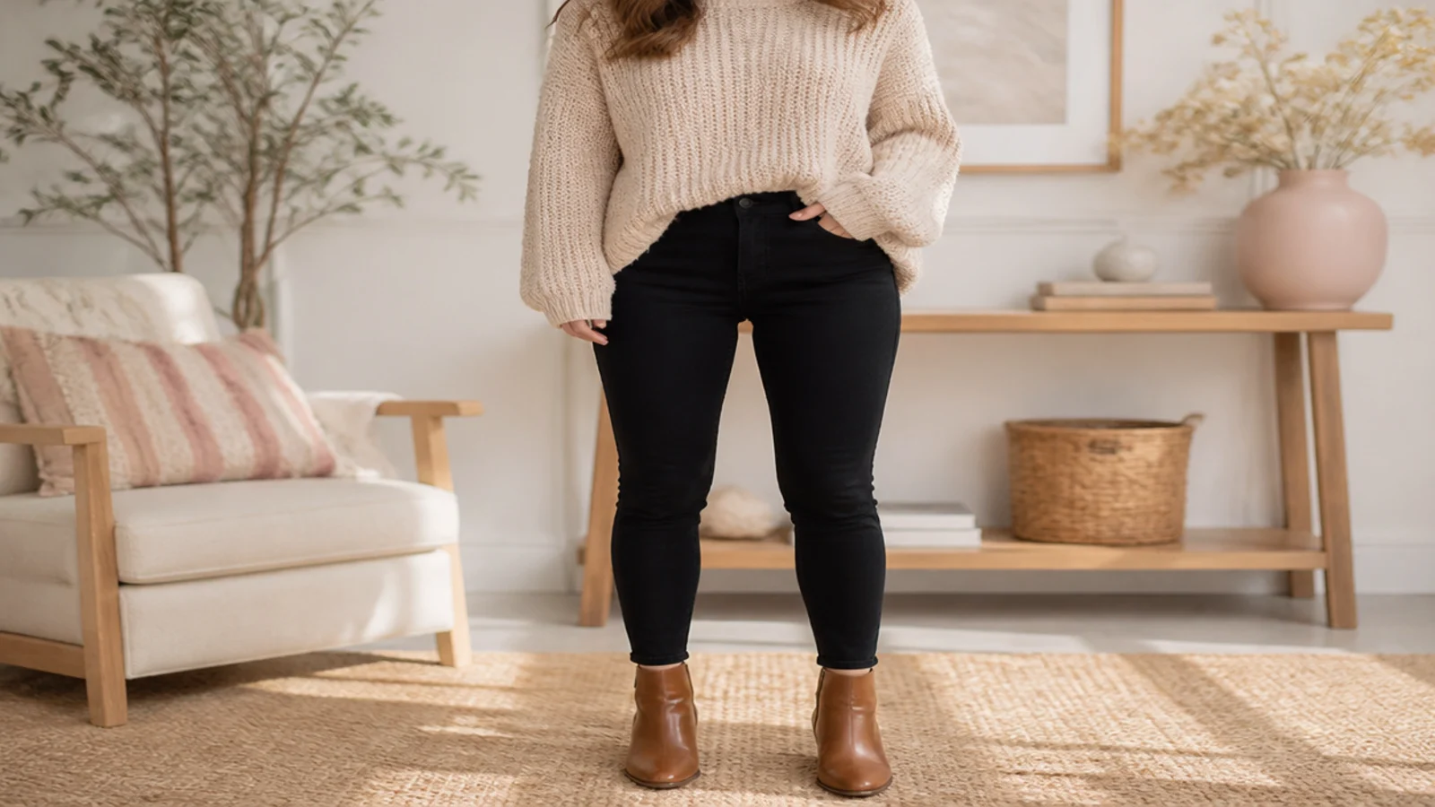 Faceless outfit with black skinny jeans tucked into leather ankle boots and a chunky knit