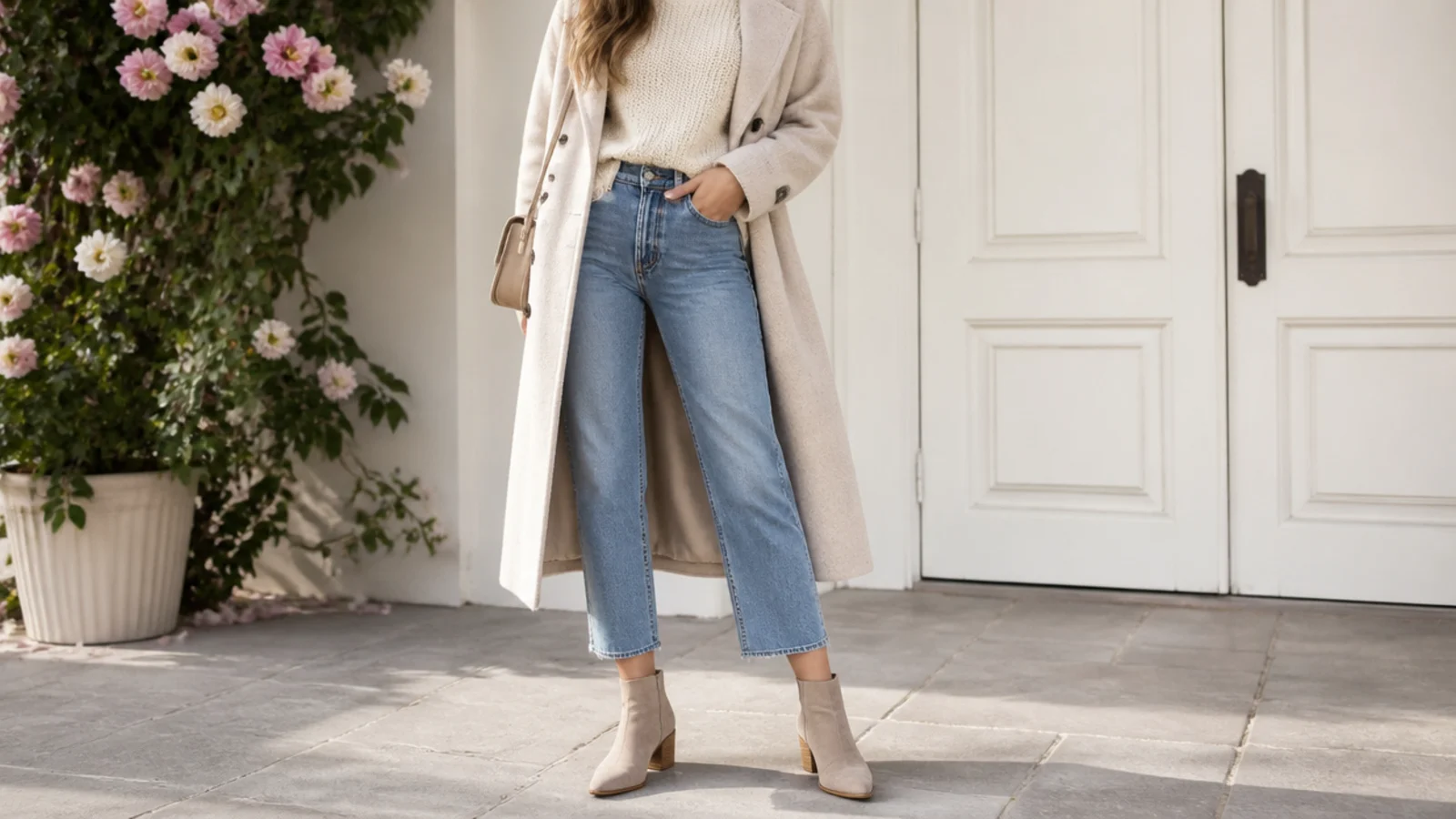 Faceless outfit with cropped straight-leg jeans ending above ankle boots showing a sliver of bare ankle
