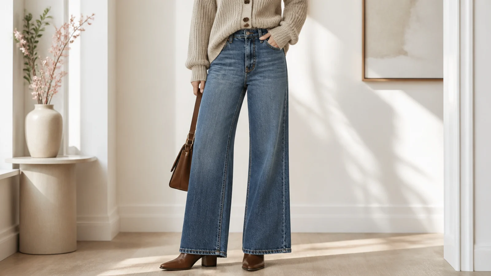 Faceless outfit with wide-leg jeans falling over a taller-shaft leather ankle boot