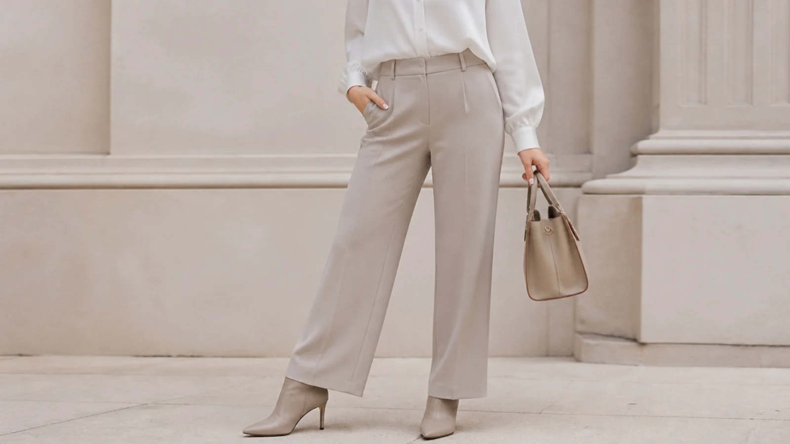 Faceless office outfit with tailored trousers, a white blouse and a pointed heeled ankle boot