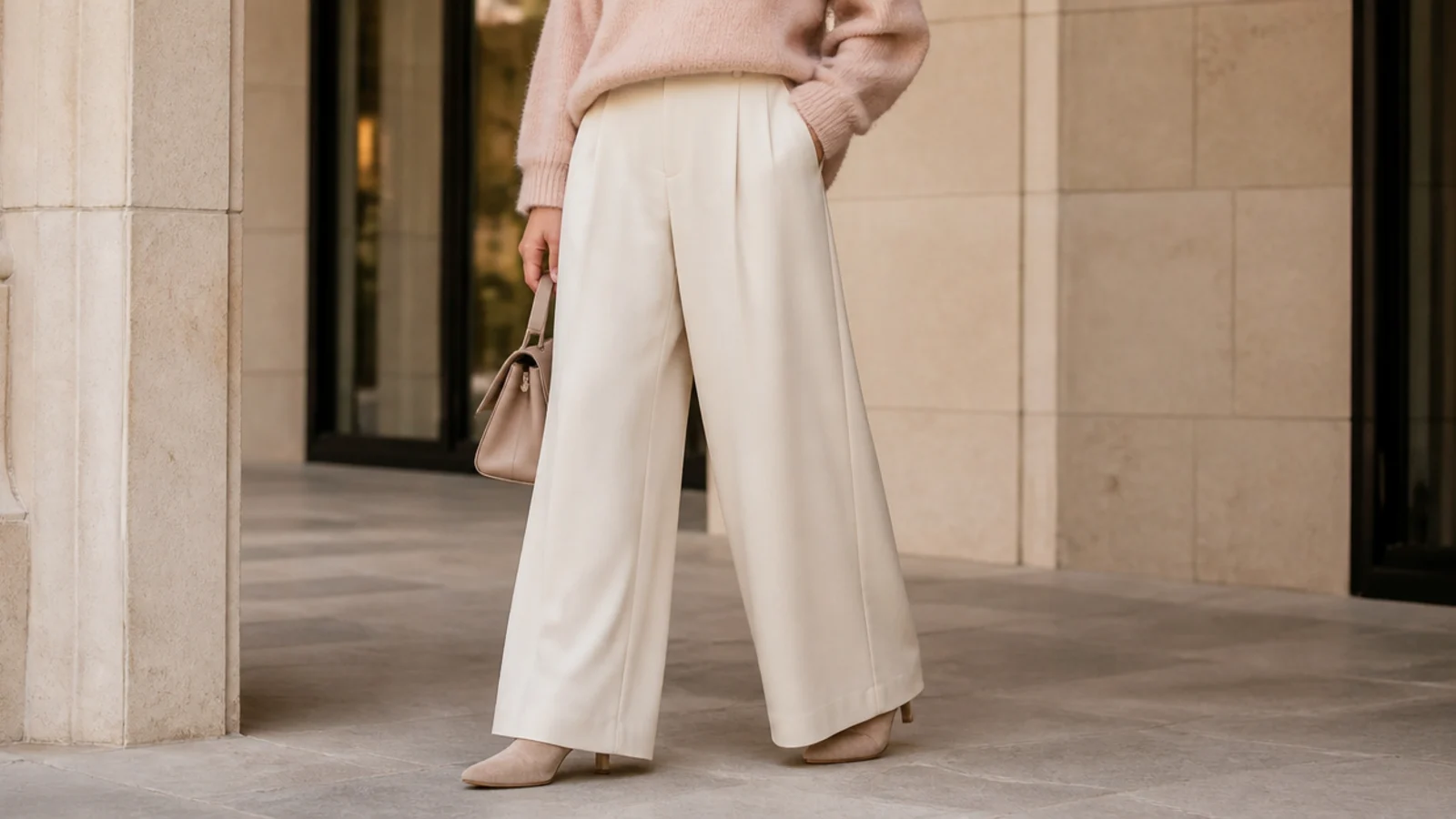Faceless outfit with fluid wide-leg pants falling over a heeled ankle boot with a hidden shaft
