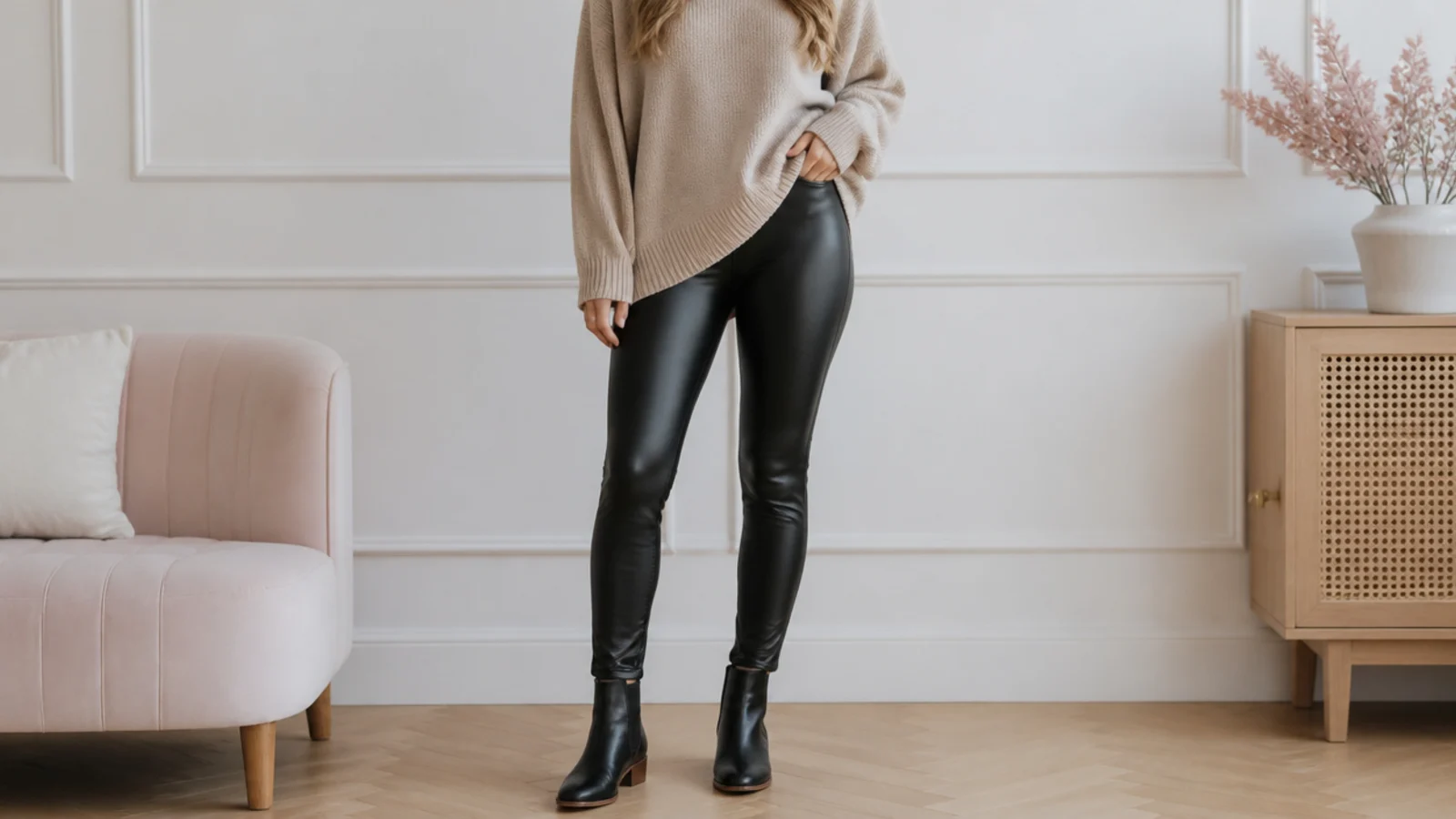 Faceless outfit with faux-leather leggings, an oversized sweater and black ankle boots