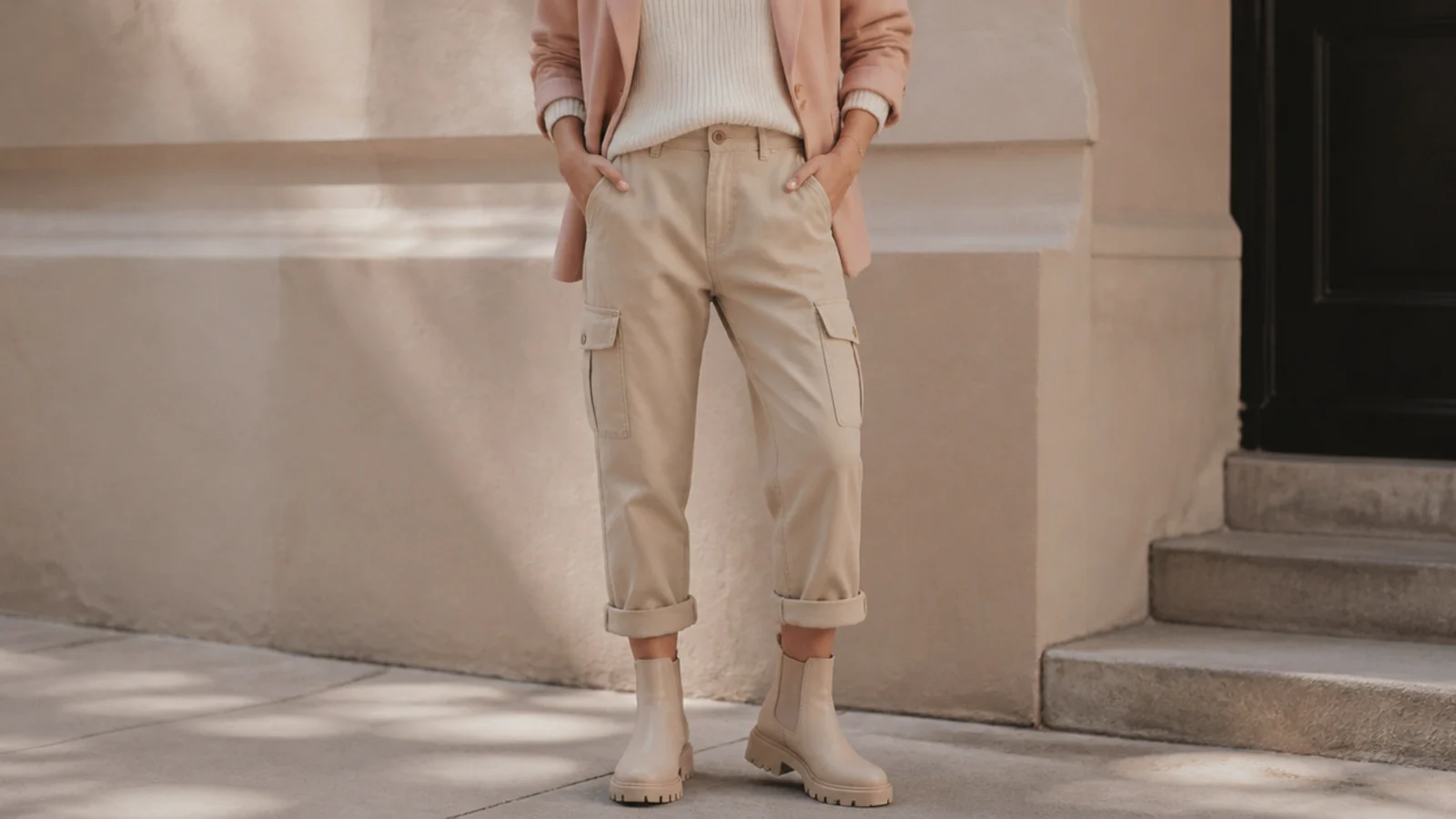Faceless street outfit with utility cargo pants cuffed above a lug-sole ankle boot