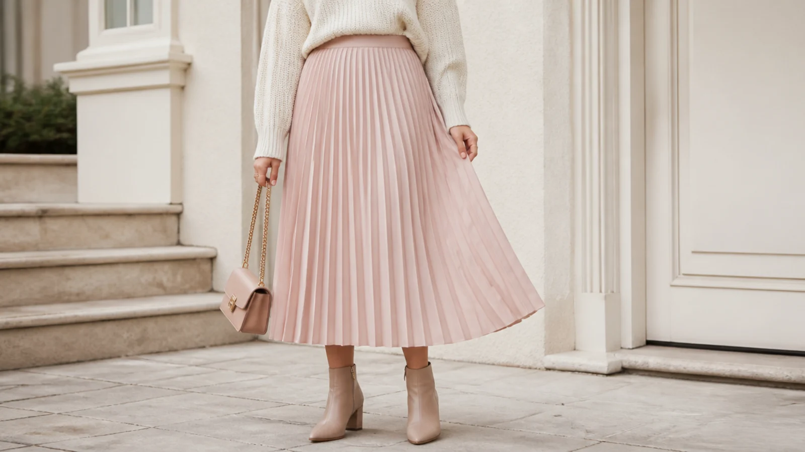 Faceless outfit with a pleated midi skirt, a tucked knit and a heeled ankle boot