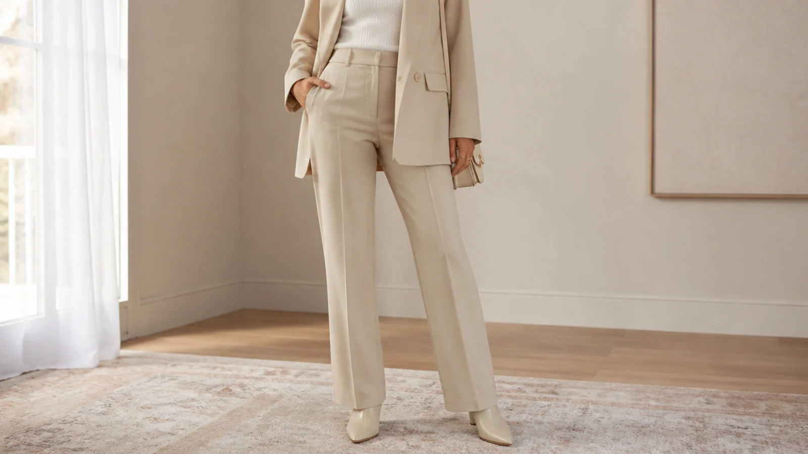 Faceless workwear outfit with an oversized blazer, straight trousers and pointed ankle boots