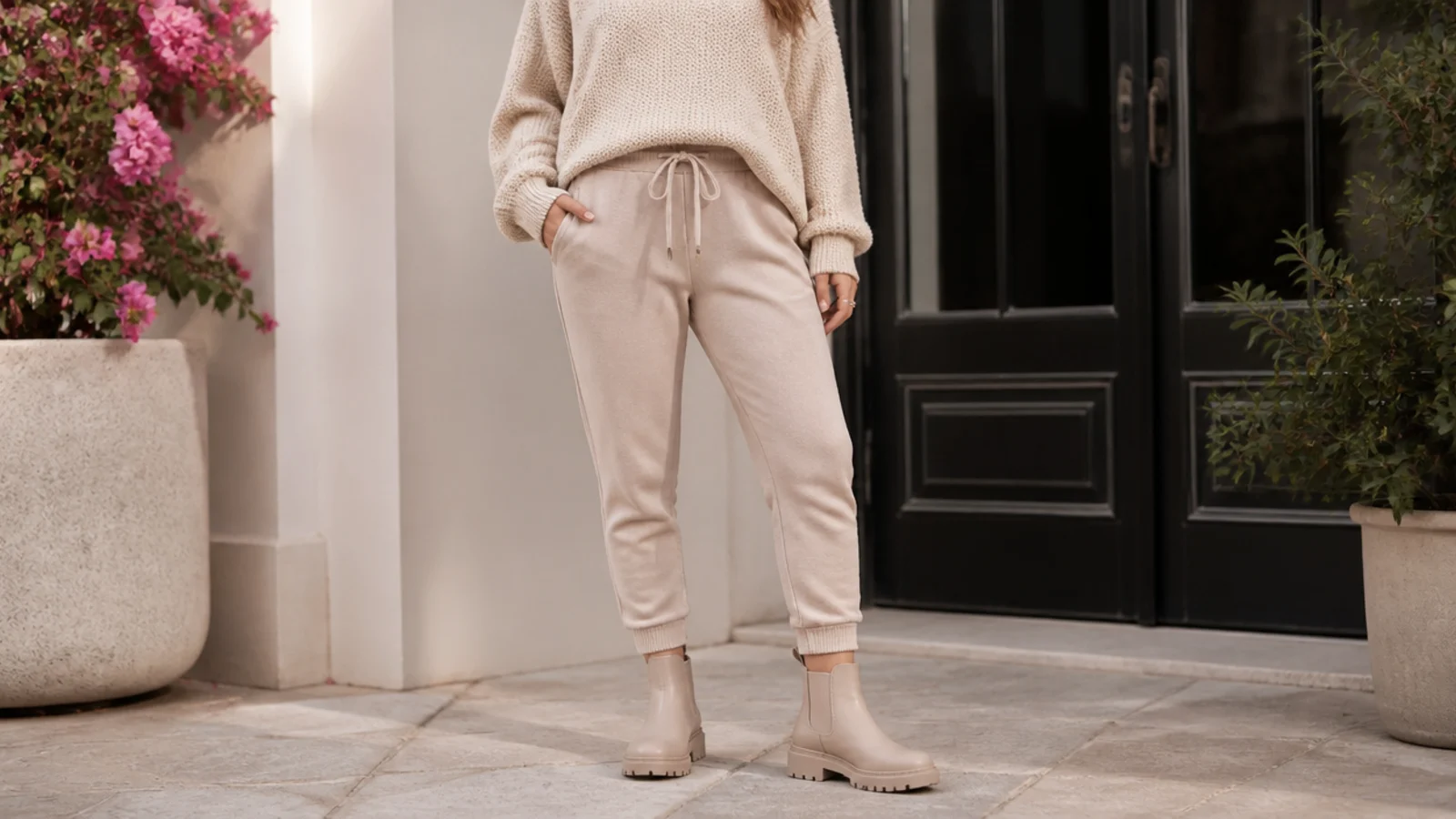 Faceless casual outfit with tapered joggers, an oversized sweater and lug-sole ankle boots