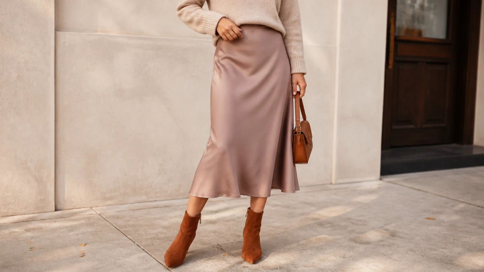 Faceless fall outfit with a slip midi skirt, a tucked knit and cognac suede ankle boots