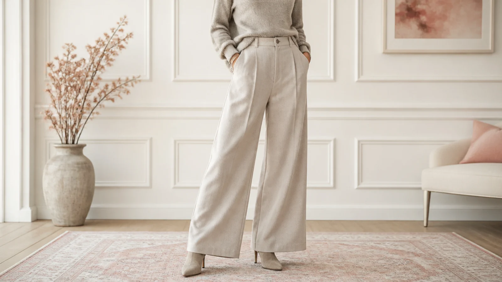 Faceless outfit showing wide-leg pants falling over a hidden taller-shaft heeled ankle boot