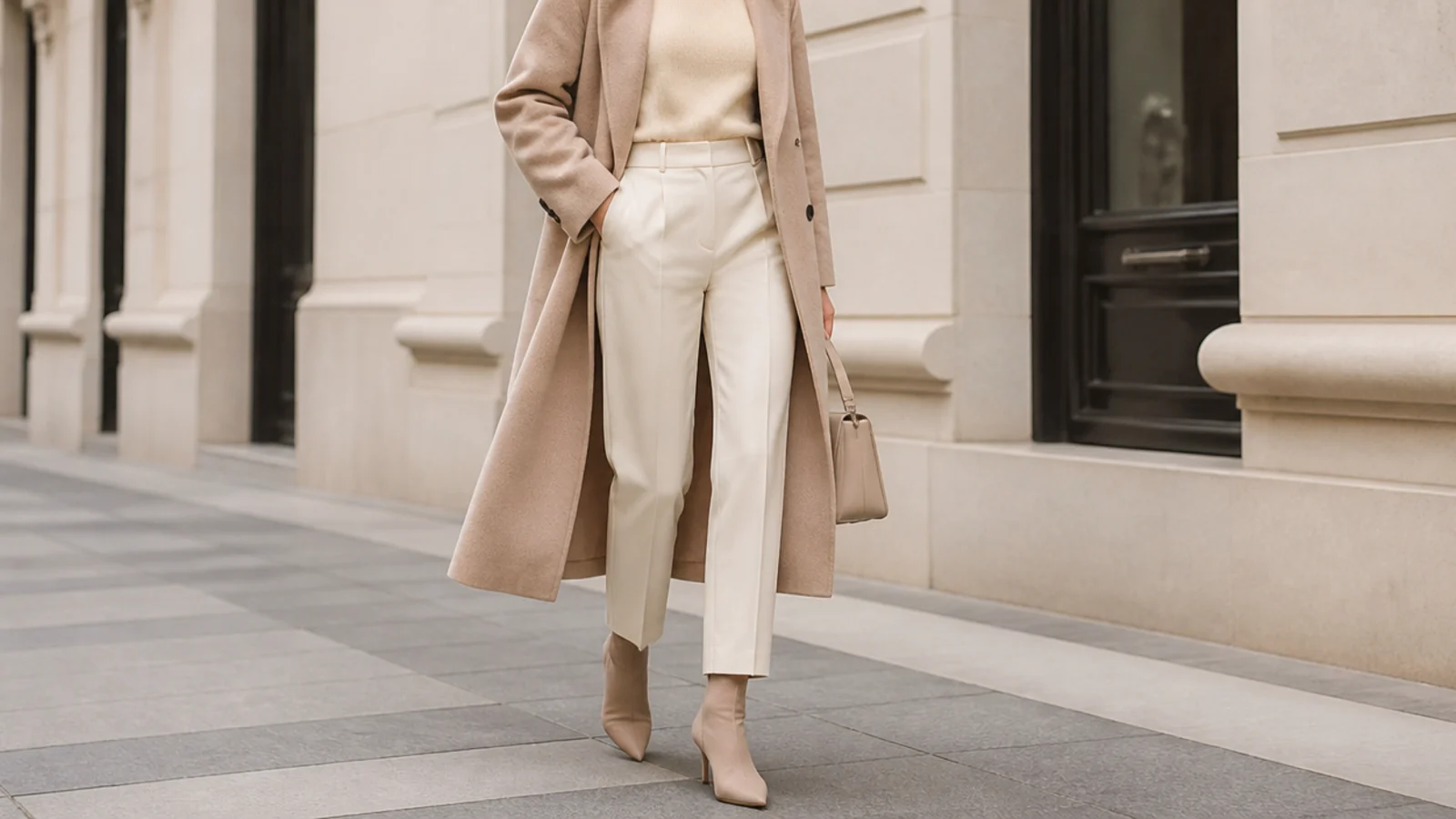 Faceless 2026 outfit with a sleek second-skin sock ankle boot and a tonal tailored look