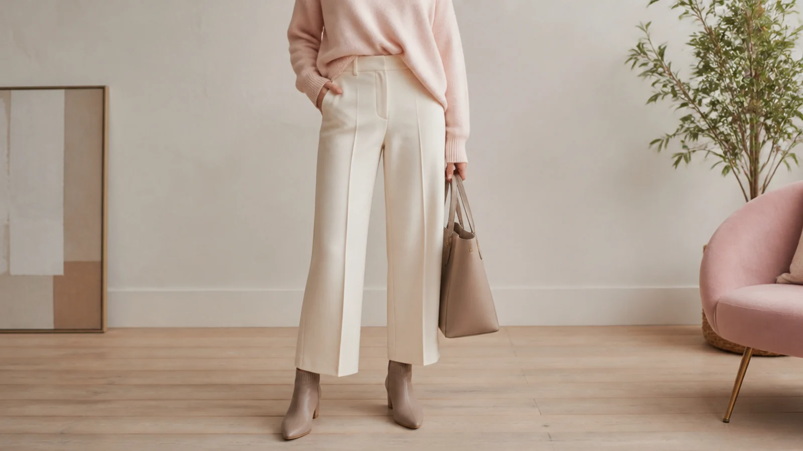 Faceless outfit showing a clean hem break above an almond-toe leather ankle boot with a hidden sock