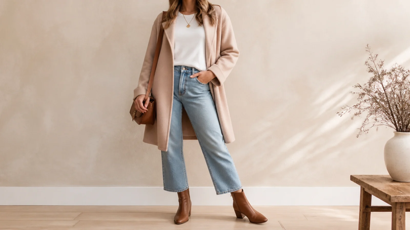 Faceless ankle boot outfit with cropped straight-leg jeans and a mid-brown almond-toe leather bootie