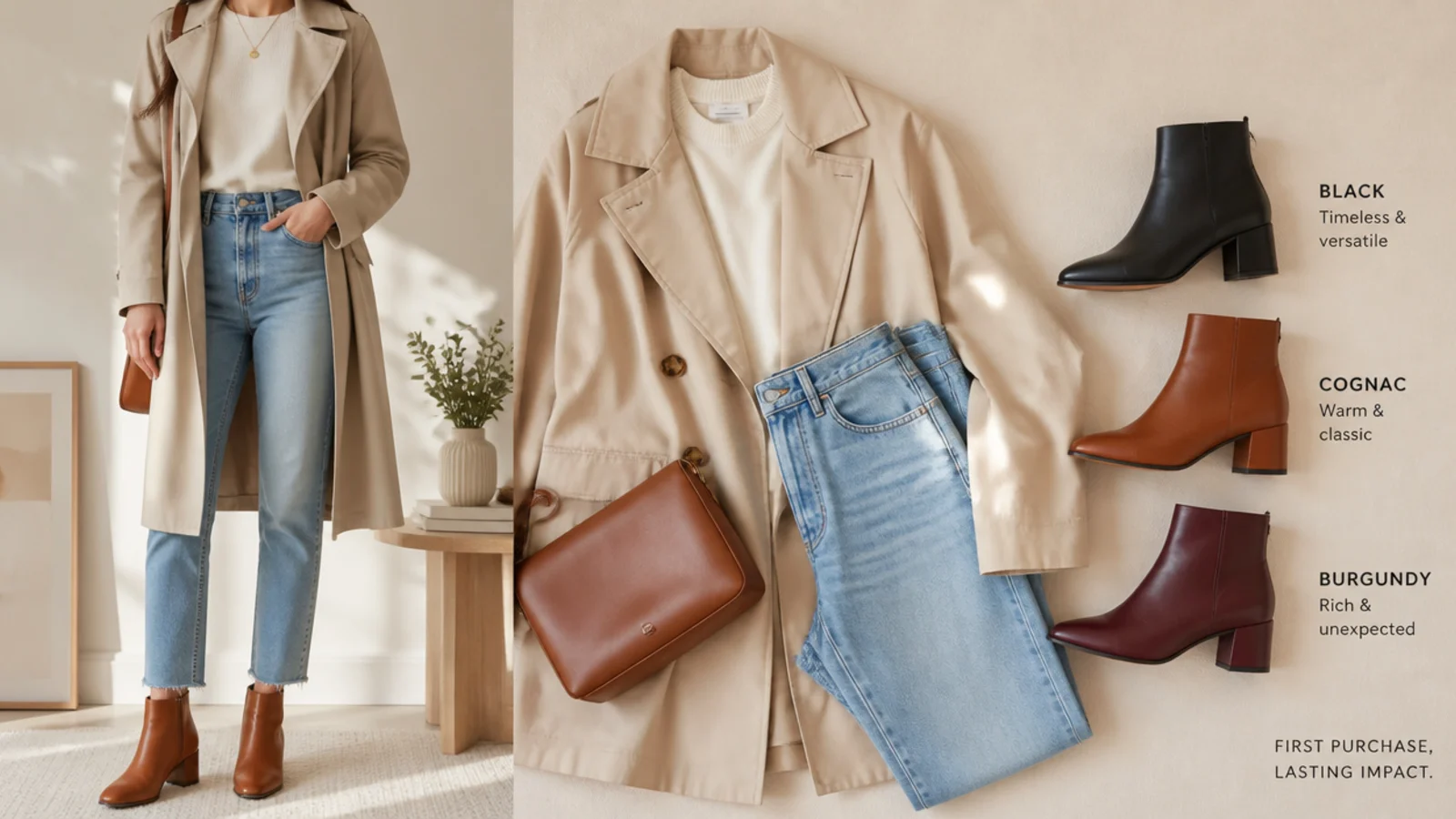 Faceless flat-lay comparing black, cognac and burgundy leather ankle boots for a first purchase