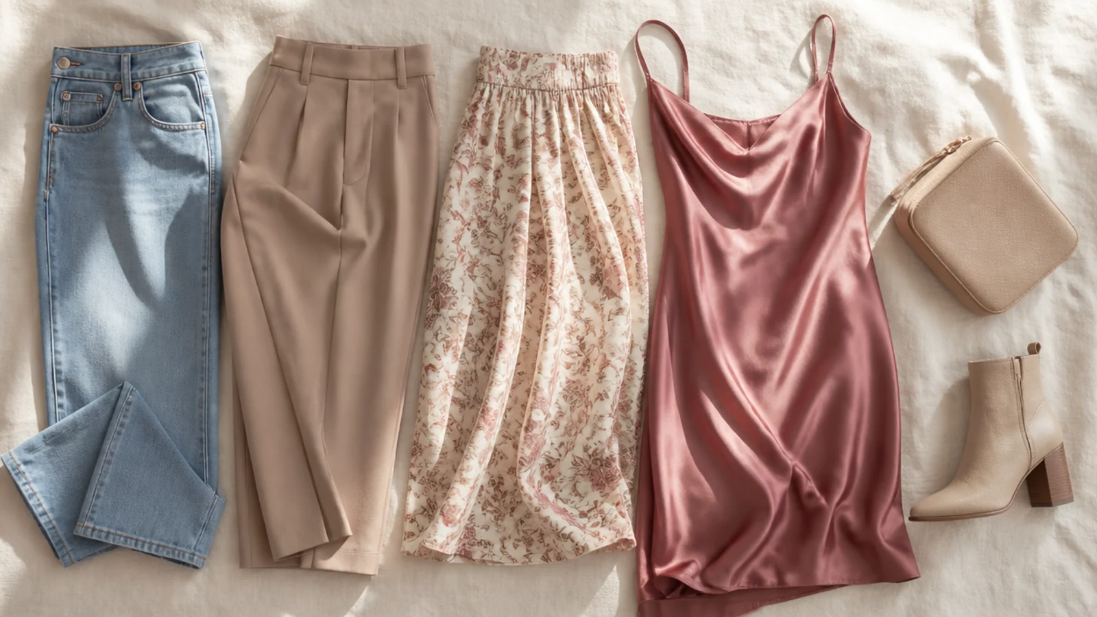 Faceless flat-lay of jeans, tailored trousers, a midi skirt and a slip dress laid beside a leather ankle boot