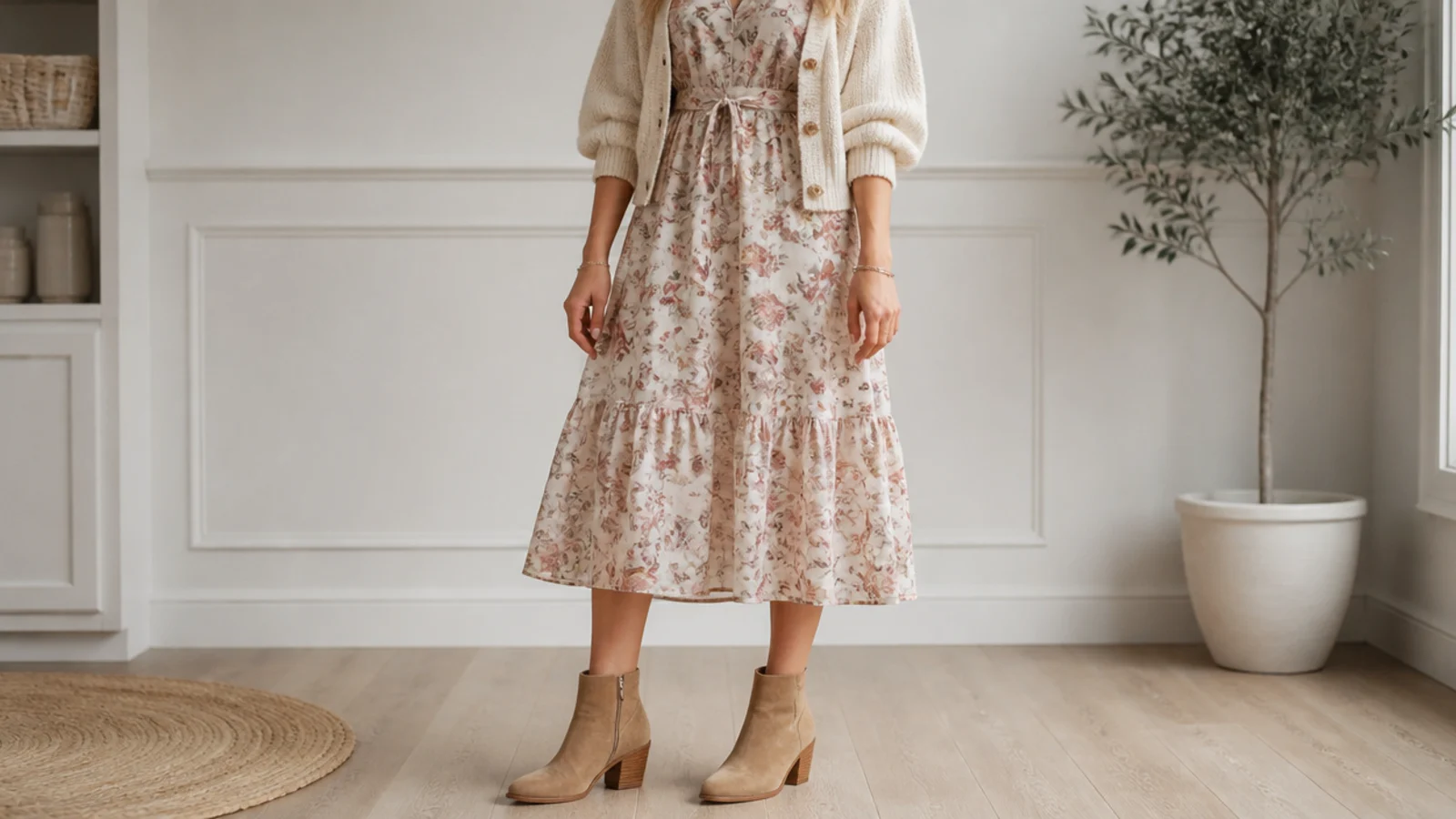 Faceless spring outfit with tan suede ankle boots and a floral midi dress hitting above the boot shaft