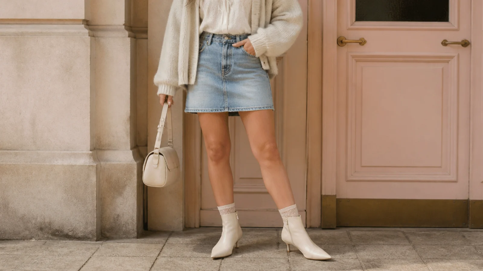Faceless spring outfit with a denim mini skirt, sheer ankle socks and pointed leather ankle boots