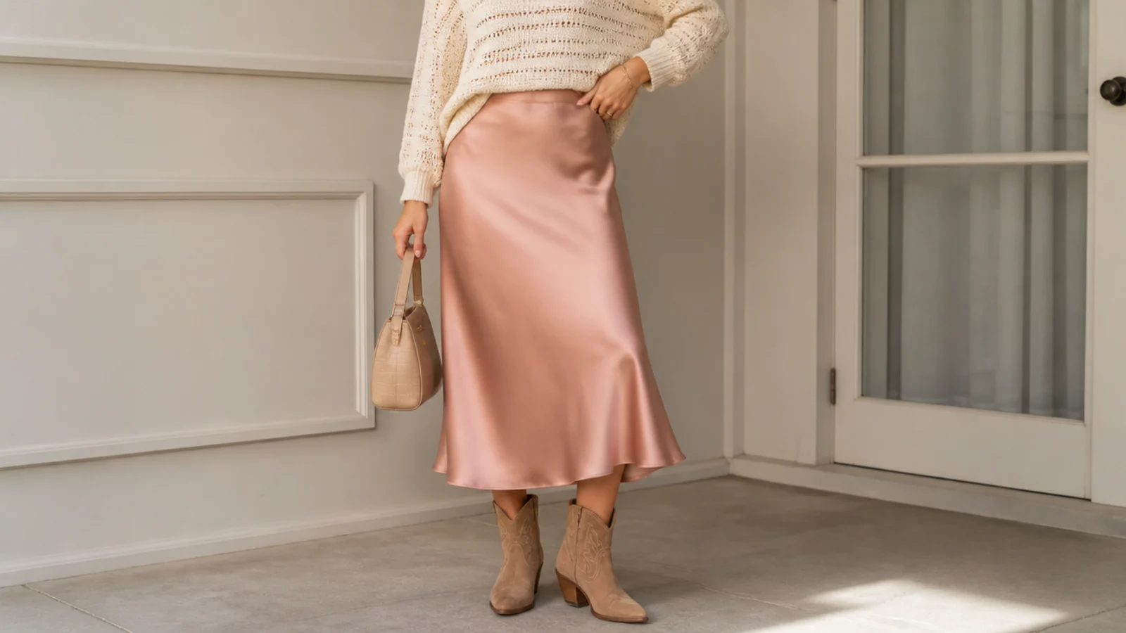 Faceless spring outfit with a satin slip midi skirt and tan western ankle boots for a soft-hard contrast