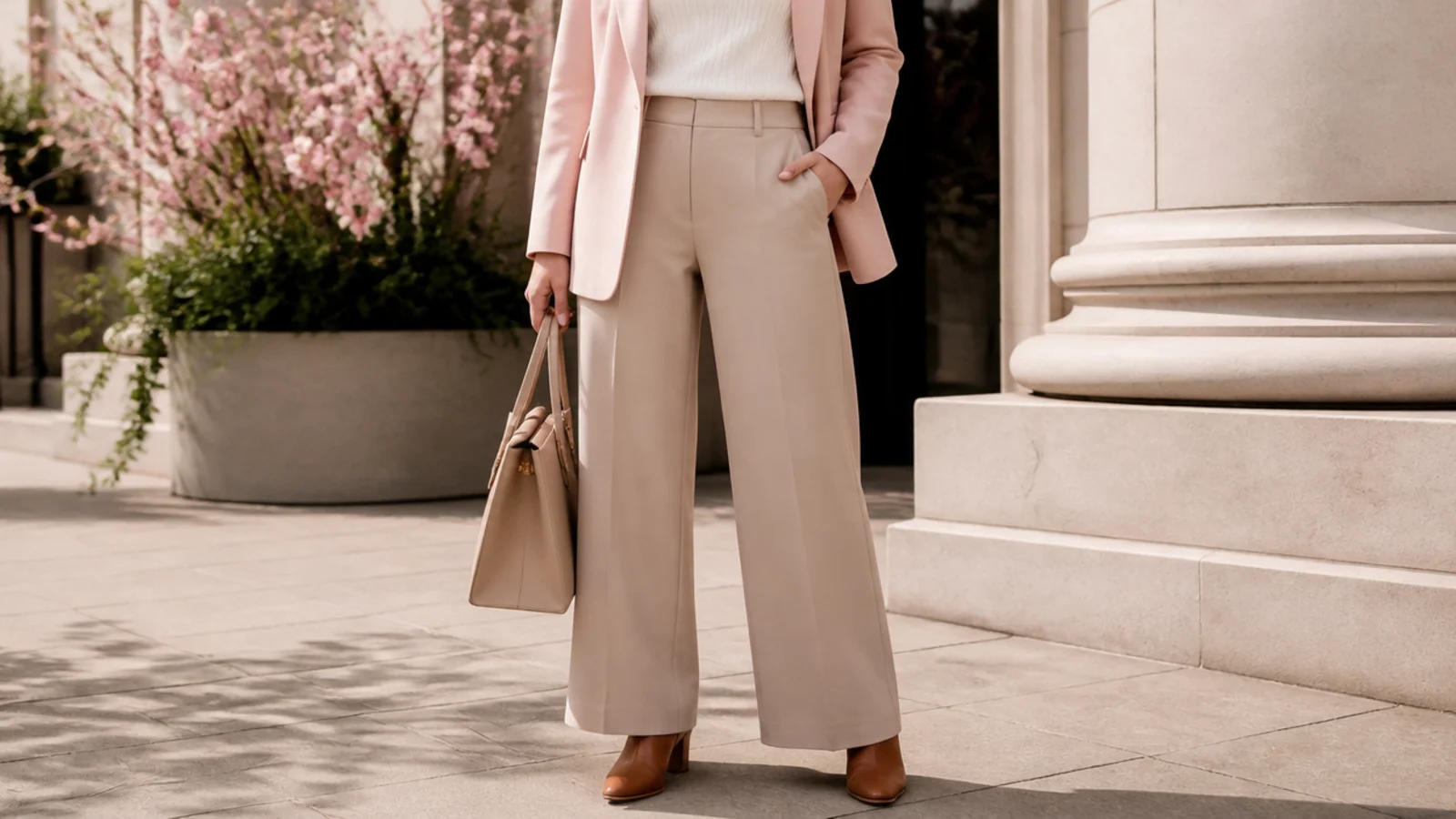 Faceless spring workwear outfit with wide-leg trousers skimming the top of heeled leather ankle boots