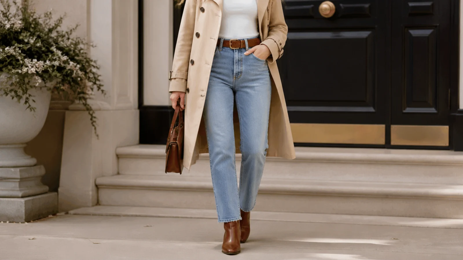 Faceless spring outfit with a beige trench coat, straight-leg jeans and brown leather ankle boots