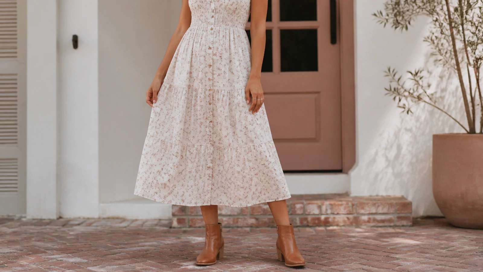 Faceless summer outfit with a cotton sundress and low leather ankle boots worn with hidden no-show socks