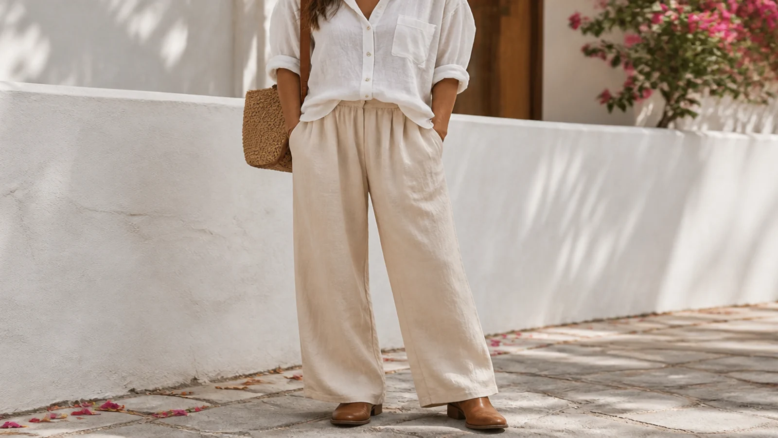 Faceless summer outfit with relaxed linen trousers breaking gently over low leather ankle boots