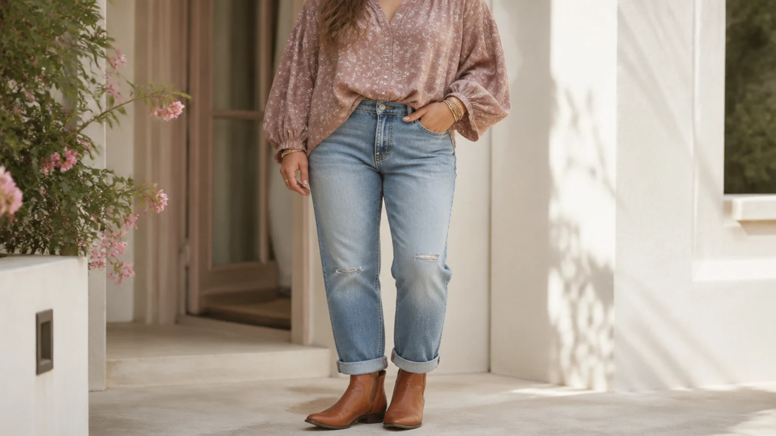 Faceless summer-evening outfit with cuffed relaxed boyfriend jeans and low leather ankle boots