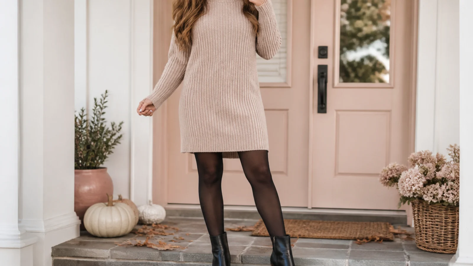Faceless fall outfit with a ribbed sweater dress, opaque black tights and black leather ankle boots