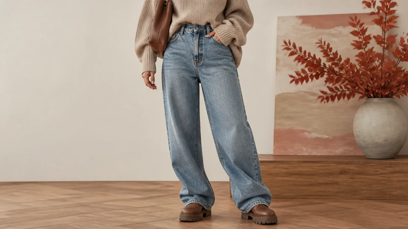 Faceless fall outfit with relaxed baggy jeans stacking over chunky lug-sole leather ankle boots