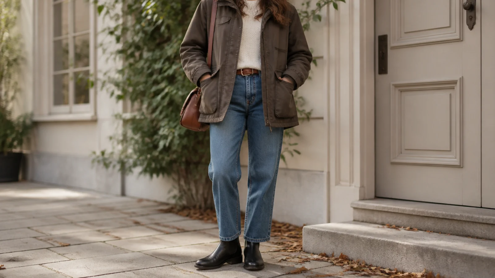 Faceless fall outfit with straight-leg jeans, a waxed field jacket and black leather Chelsea boots