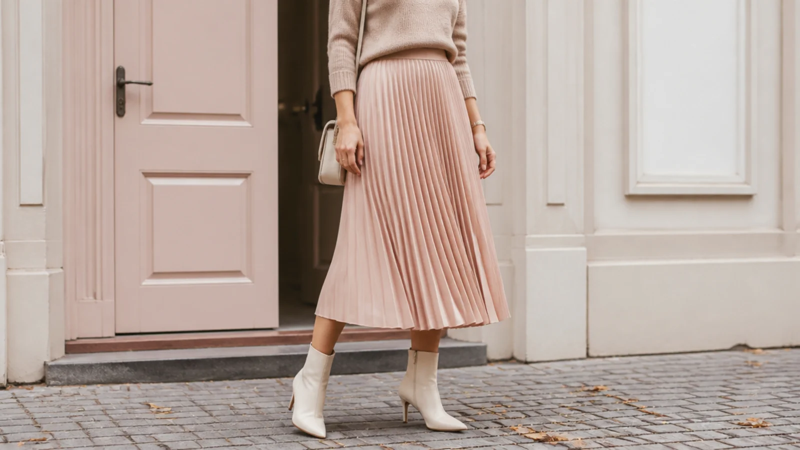 Faceless fall outfit with a pleated midi skirt, tucked knit and heeled almond-toe ankle boots