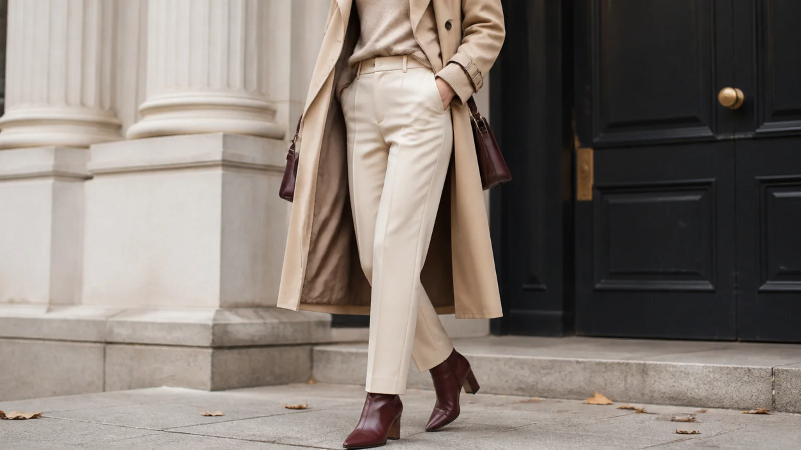 Faceless fall outfit with tailored trousers, a camel trench and burgundy leather ankle boots