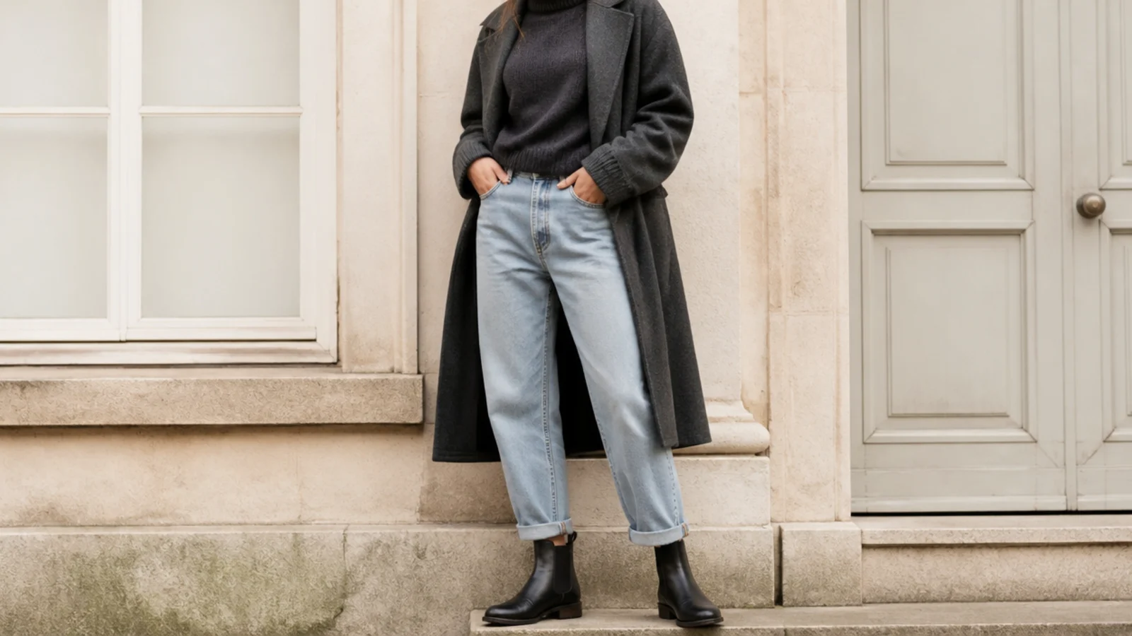 Faceless winter outfit with cuffed jeans, a charcoal turtleneck and black leather Chelsea boots