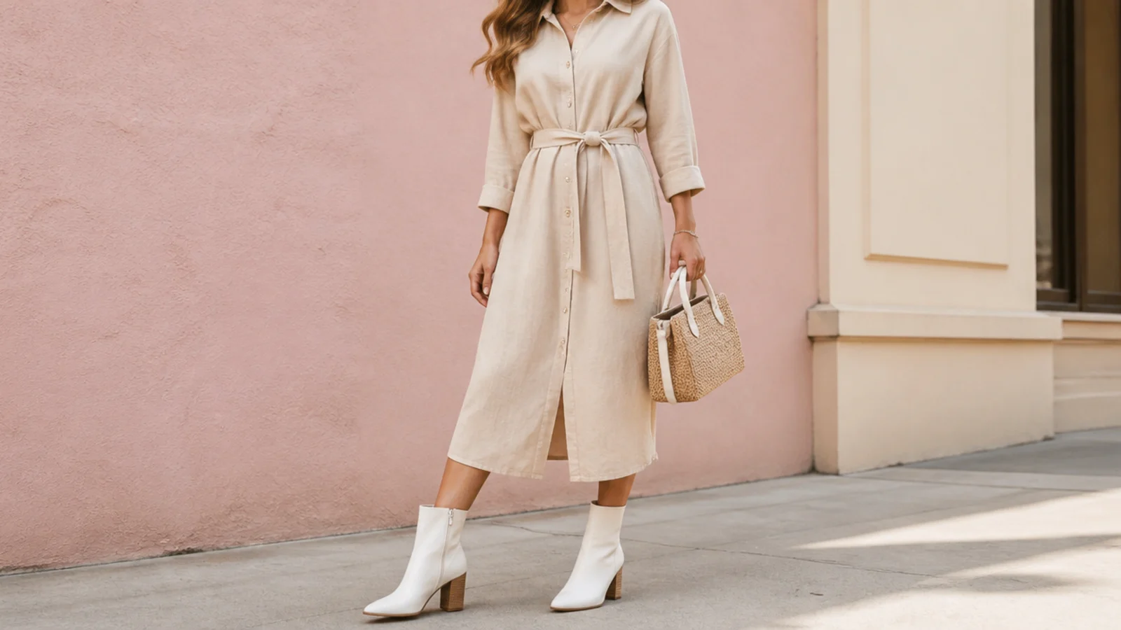 Faceless spring outfit with a belted shirt dress and white leather ankle boots hitting above the shaft